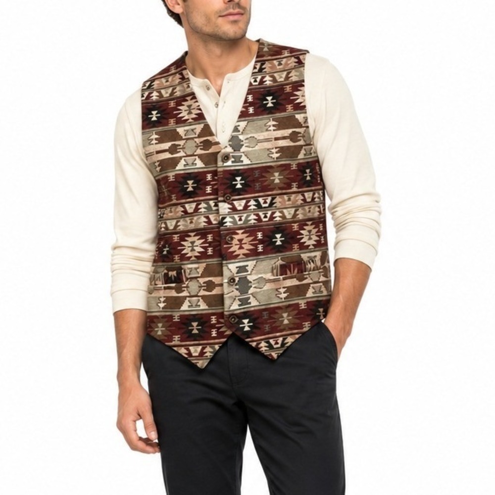 Cafe Vest Men Size 3 Multicolor Southwestern Aztec Tapestry V-Neck Made in USA